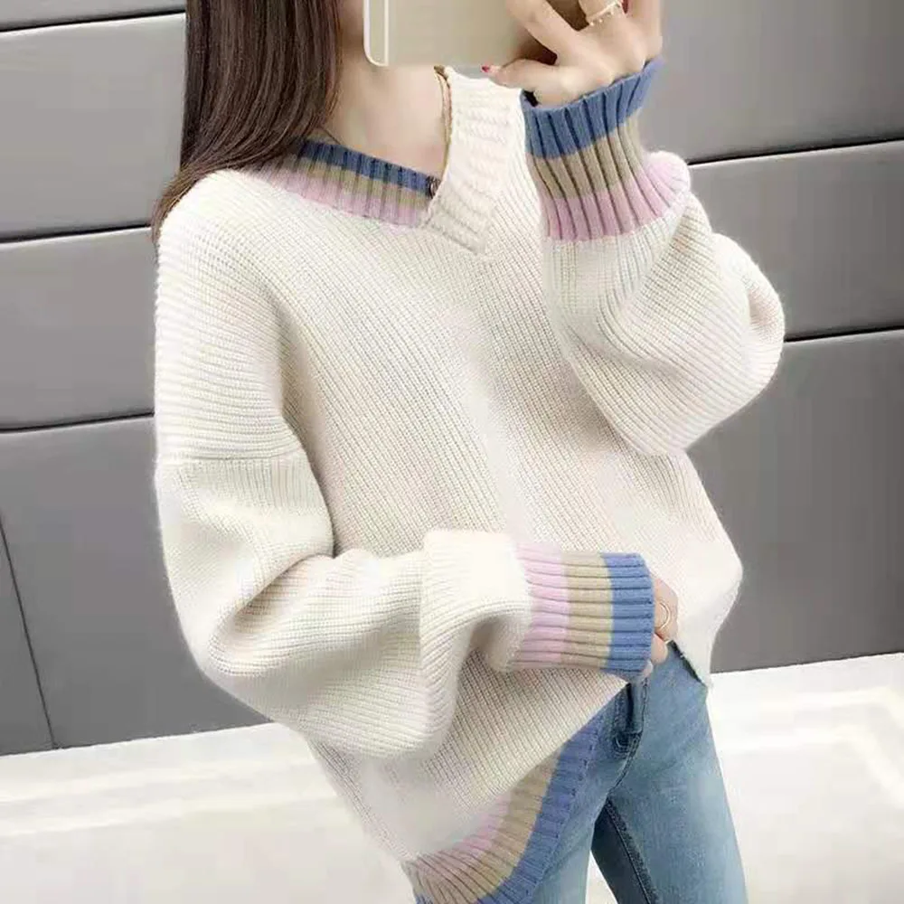 

Korean Loose Knit Pullover Sweater Woman V-neck Lazy Wind Tops Japanese Oversized Autumn Winter Outside Wearing Sweaters