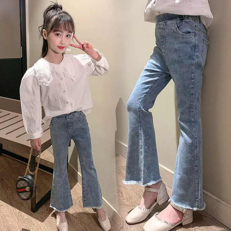 2021 Spring Autumn Kids Girls High Elastic Waist Solid Long Flare Jeans Pants Children Clothing Fashion Solid Denim Trousers C20
