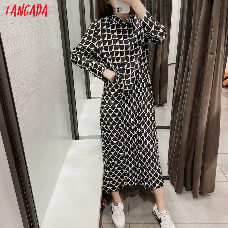 Cena Tangada jesień kobiety stoją kołnierz geometryczne sukienki z długim rękawem vintage fashion eleganckie biuro lady vestidos feminina 5Z58