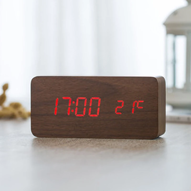 Voice Control Calendar Thermometer Wooden LED Digital Alarm Clock USB/AAA UK 