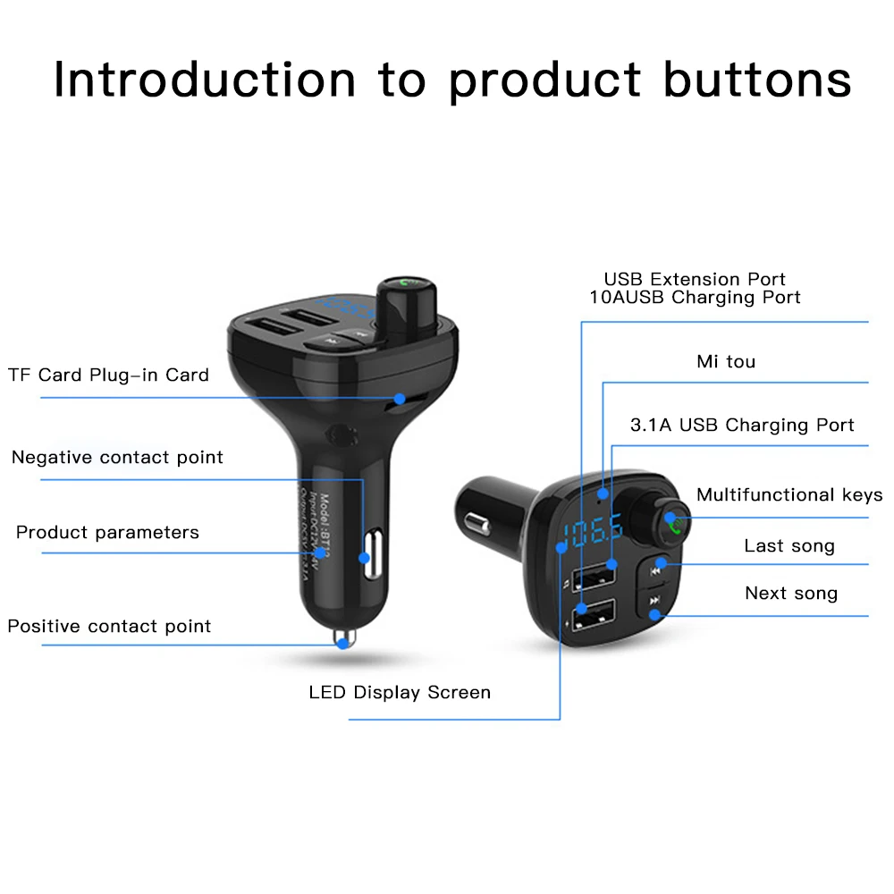 Автомобильное радио, зарядное устройство BT12 Bluetooth 5,0 автомобильный комплект громкой связи быстрый MP3 музыкальный плеер Быстрая зарядка через usb двойной USB зарядное устройство для телефона