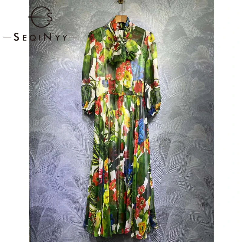 

SEQINYY Chiffon Midi Dress 2020 Summer Spring New Fashion Design Women Lantern Sleeve Cactus Flower Print Sicily Runway Dress