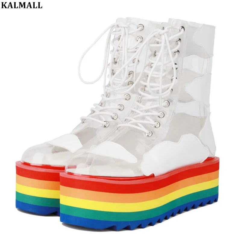 

KALMALL PVC Ankle Boots Ladies Platform Rainbow Wedges Cross Tied Thick Height Increasing Botas Mujer Big size 44
