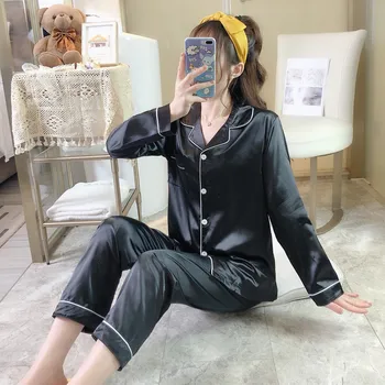 

Autumn Winter Ladies Ice Silk Cotton Pajamas Two-piece Long-sleeve Cardigan Turndown Collar Solid Loose Casual Home Sleepwear