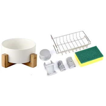 

Salad Bowl Noodles Bowls with Wooden Tray Fresh Color Container Fruit Bowl White & Faucet Sponge Holder