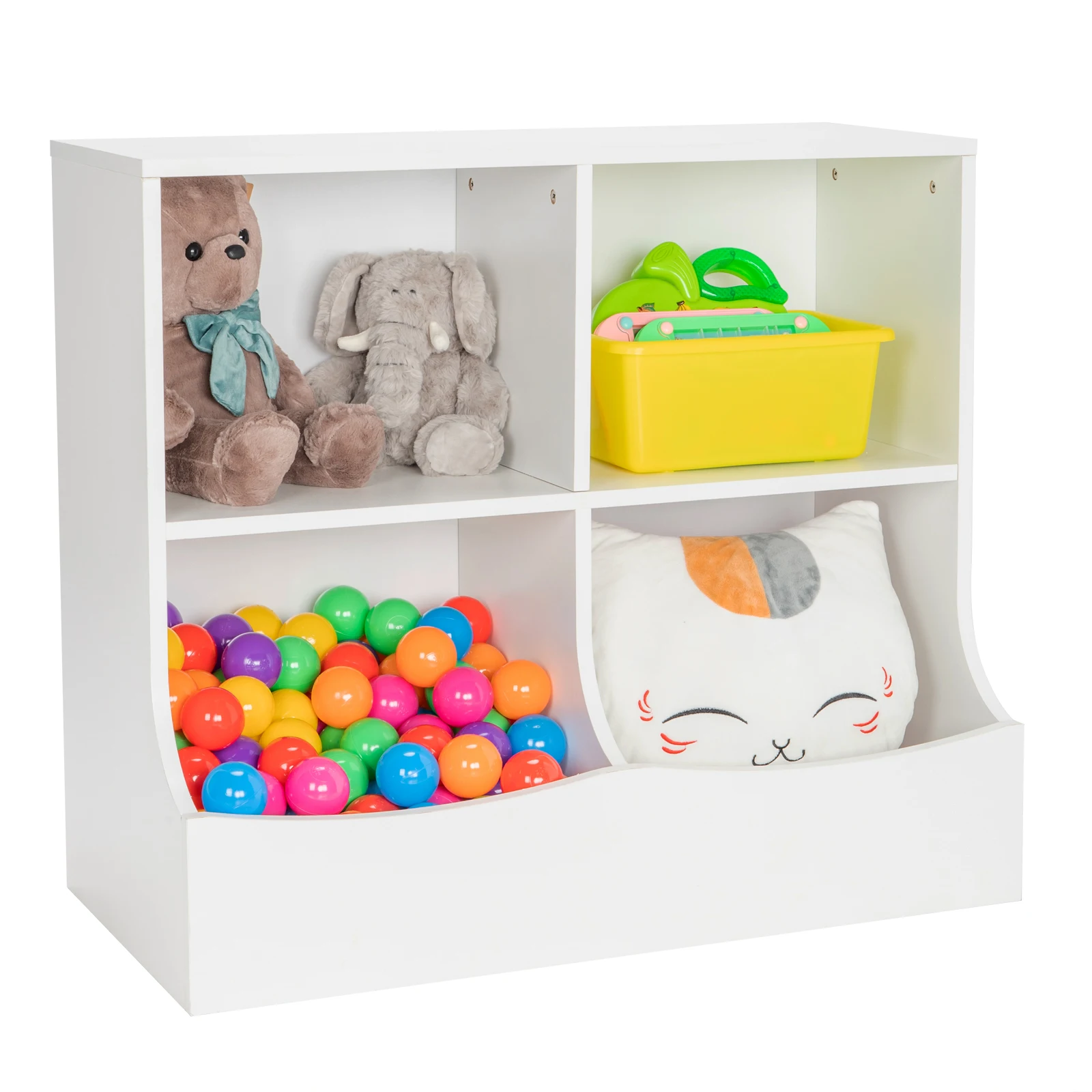 Multi-Bin Children\'s Storage Organizer Cabinet 4-Cubby Kids Bookcase w/ Footboard Thick Wood Shelf for Bedroom Decor[US-Depot]
