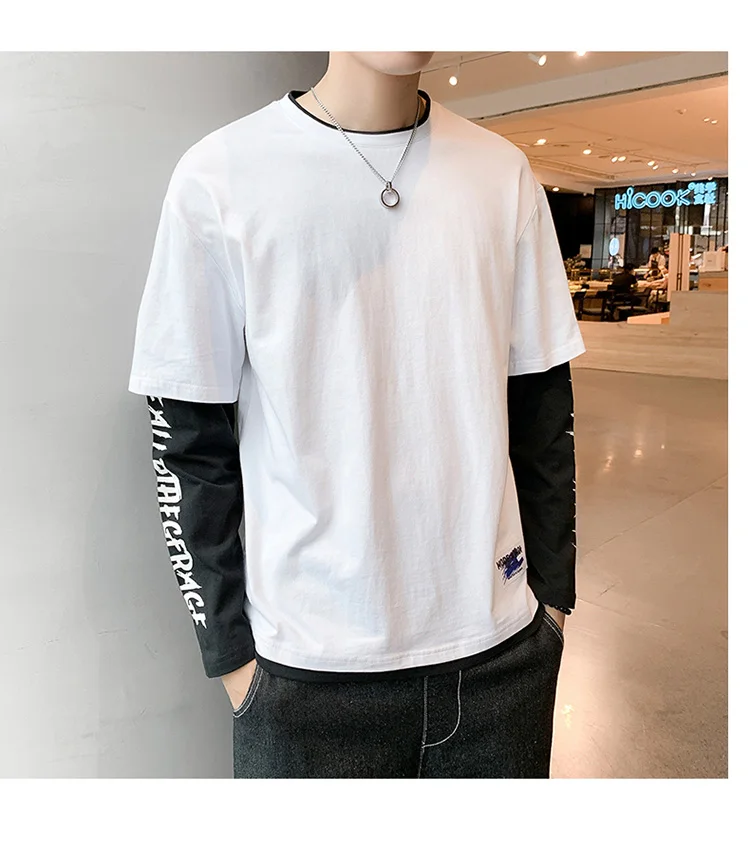 Горячая Распродажа, Fake-2piece, мужские футболки, осенняя новая хлопковая футболка с длинными рукавами, Homme, свободный круглый воротник, футболки с буквами, мужская одежда