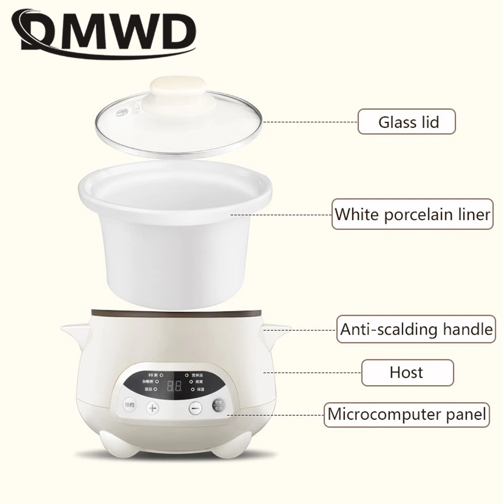 DMWD Household Electric Stewing Pot 1.2L Soup Pot Mini Slower Cooker Porridge Casserole White Porcelain Liner Breakfast Machine 6