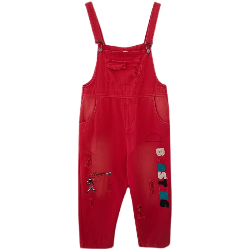 New Red Black Denim Overalls For Women Fashion Streetwear Jumpsuit Wide Leg Loose Baggy Bib Pants Ripped Combinaison Jeans Femme