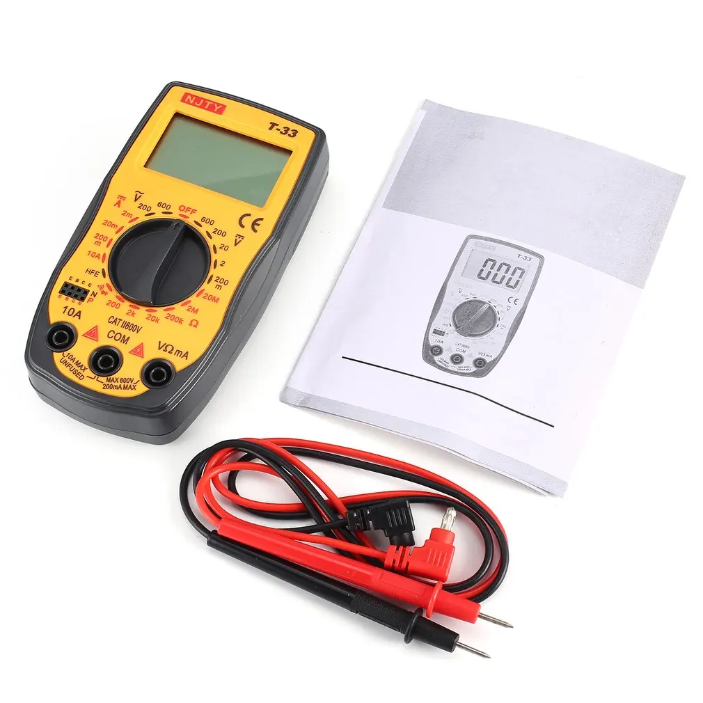 NJTY T-33 Digital Multimeter DC/AC Voltage Current Meter Mini Ammeter Ohm Diode HFE Continuity Tester 2000 Counts Multitester |