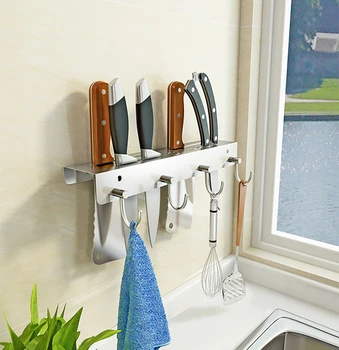 

Stainless Steel Knives Holder Rack Wall Mounted with 5 hooks Hanging Shovels Towels Knives Forks Pans Pots Kitchen Storage