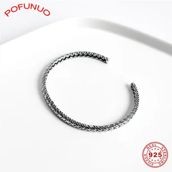

POFUNUO Women 925 Sterling Silver Vintage Distressed Weaving Bangles Minimalism Make Old Twisting Open Bracelets Chic Jewelry