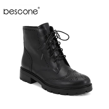 

BESCONE Genuine Leather Winter Boots Basic Lace-up Round Toe Lady Shoes Fashion Baroque Style Square Heels Woman Ankle Boots M74