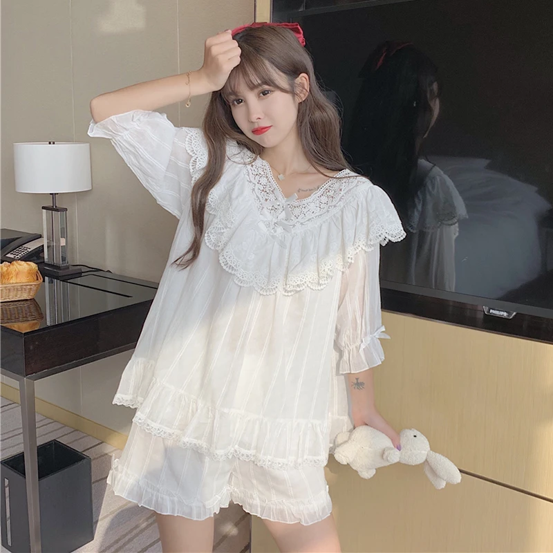 

Sweet Girl's Thin Court Style Stitching Lace Short-Sleeved Pajamas Casual Pyjama Bottoms White Pajamas Suit lolita dress