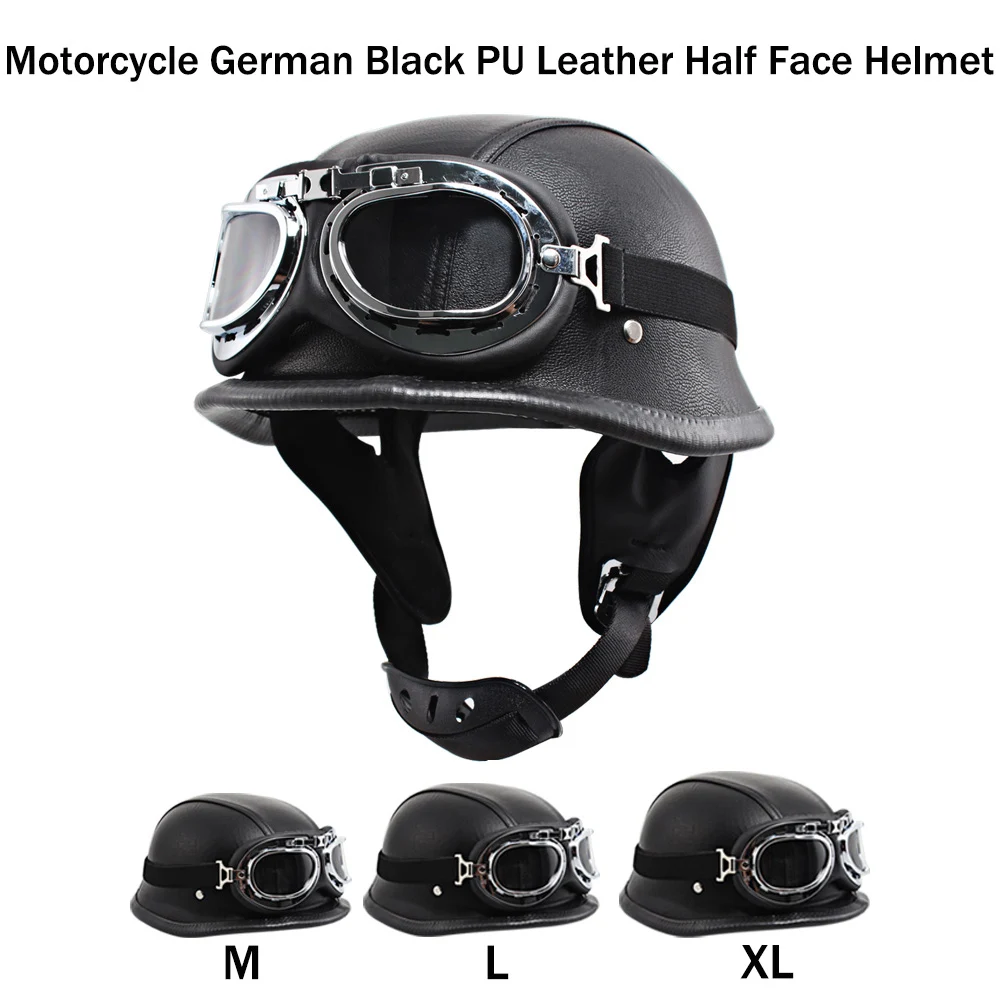 Motorcycle Helmet PU Leather Style Black German Motorbike Open Face Half Helmet 