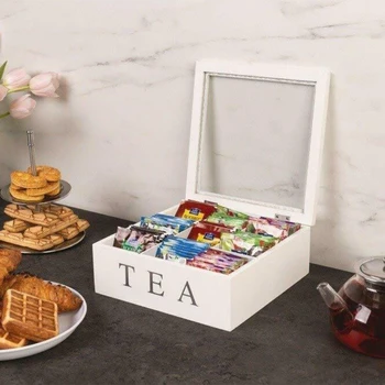 

Natural Chest With Clear Hinged Lid 9 Storage Sections Wooden Box Tea Box Case