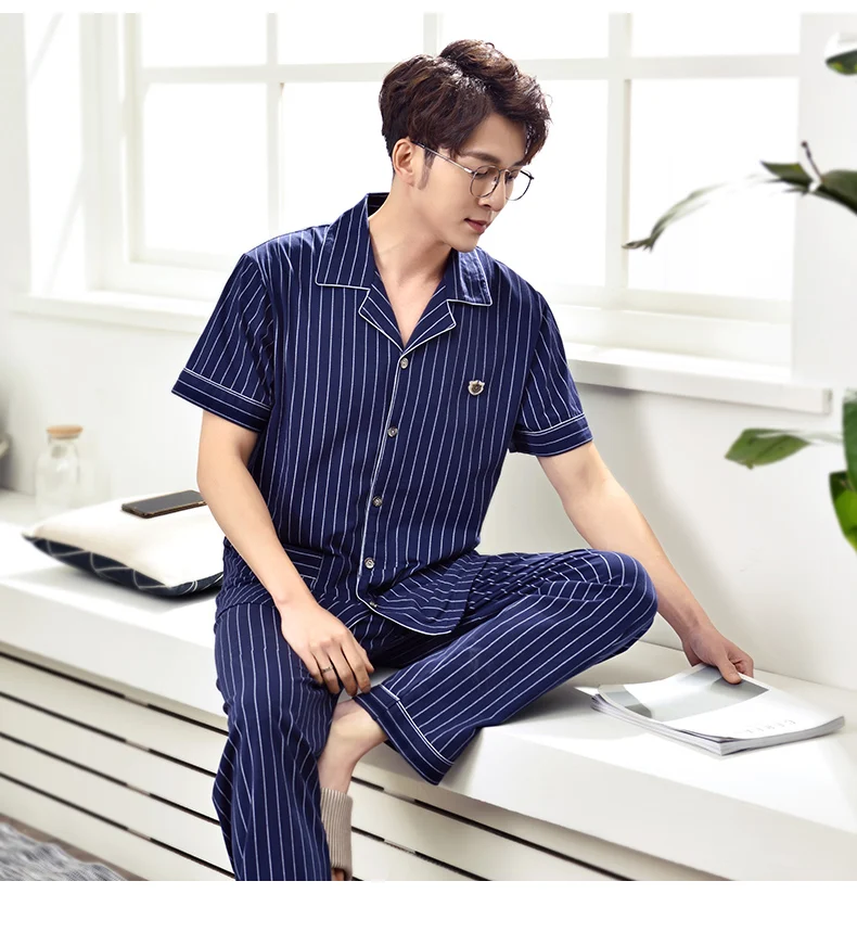 Summer Striped Pyjamas Men Print Casual Plus Size Cotton Sleepwear Mens Lounge Wear Loungewear Short Sleeve Pajamas Plus Size3XL soft cotton pyjamas