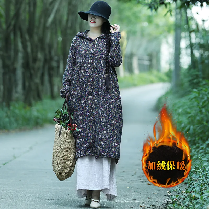 

3048 # Photo Shoot Winter Cotton Linen Floral-Print Mid-length Ethnic-Style Brushed And Thick Hooded Frog Cotton Coat