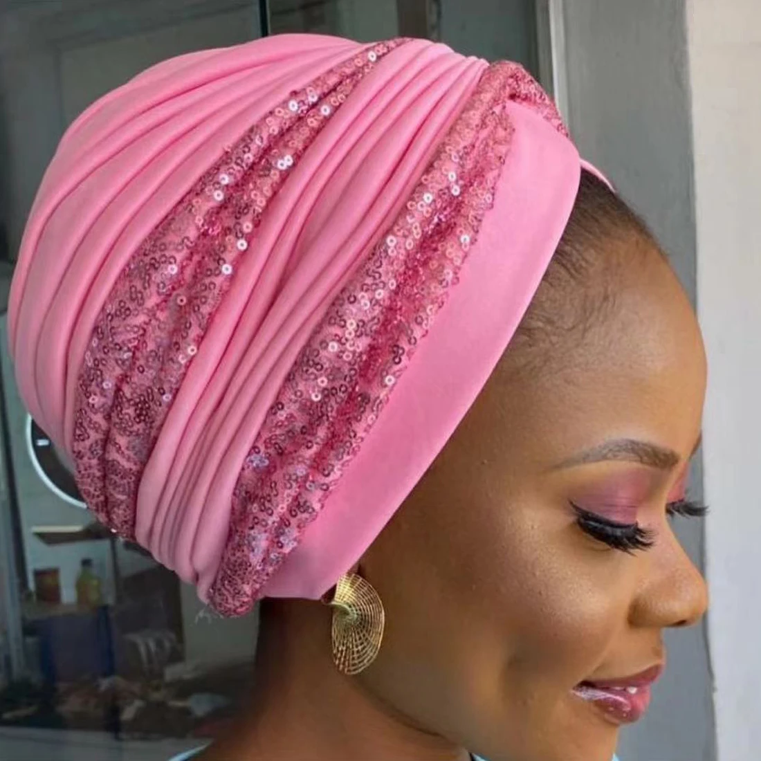 New Fashipn Sequins Crinkle Africa Headtie Muslim Turban Cap Arab India Hijab Hat Women Wrap Head Turbante Mujer