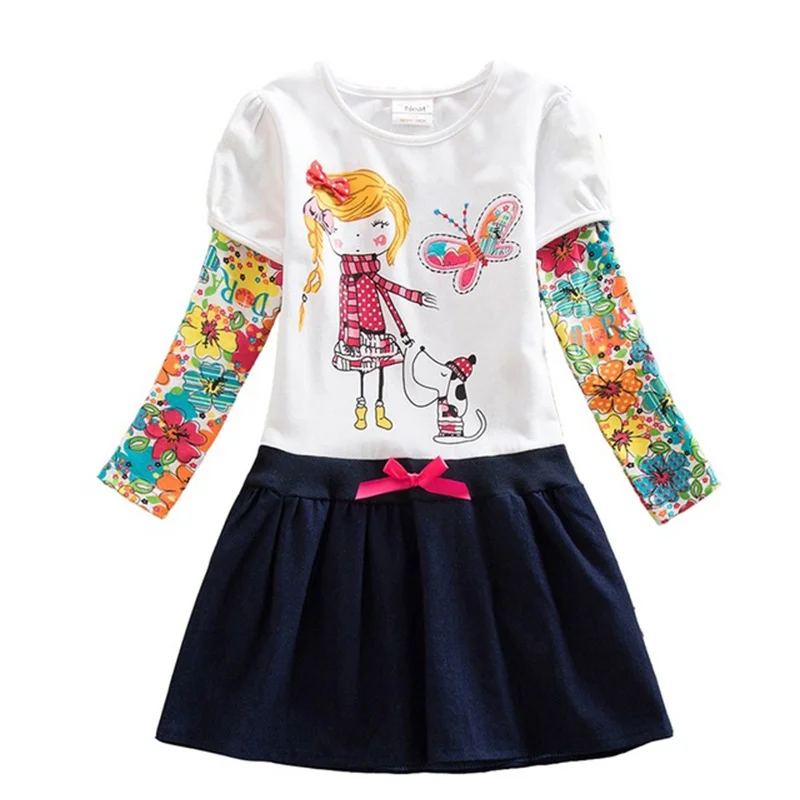 VIKITA Girls Flower Dresses Children Cotton Dress Long Sleeve Autumn Winter Cartoon Kids Dress For Girls Roupa Infantil Menina