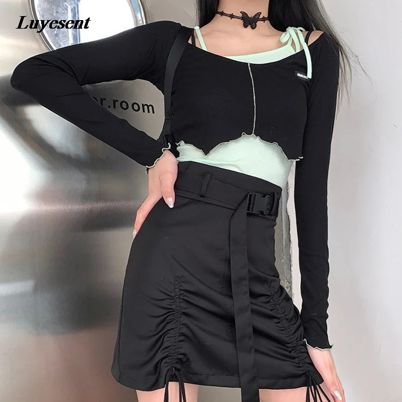 Women Punk Cool Cargo Skirt 2022 Summer Lady Drawstring Pleated Plastic Buckle Strap Mini Skirts Gohitc Black A-line Streetwear | Женская