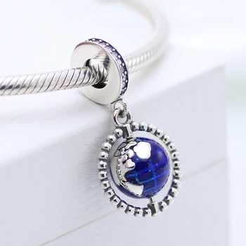 

Authentic 925 Sterling Silver Pendant Blue Enamel Rotating Globe Dangle Charm Fit Original Pan Bracelet Women DIY Jewelry