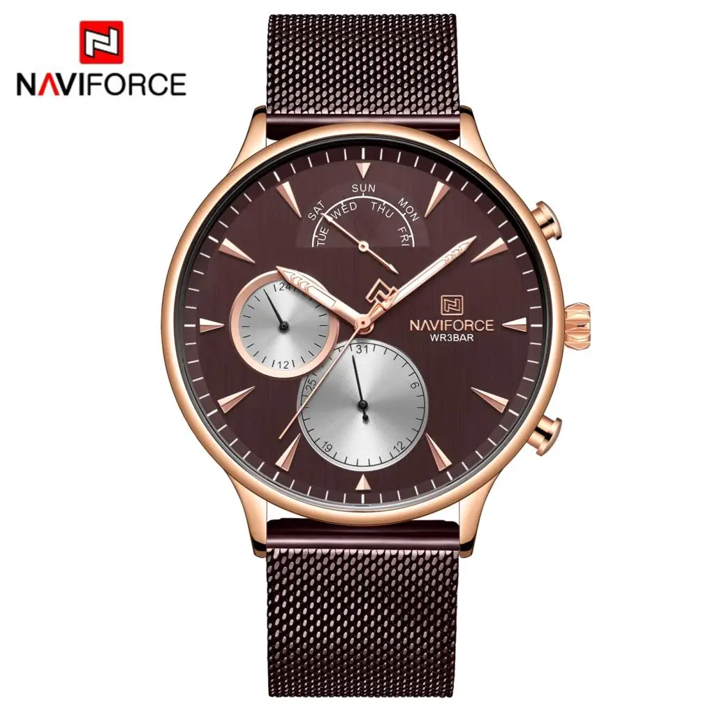 Кофе NAVIFORCE часы мужские s часы лучший бренд роскошные часы мужские повседневные сетчатые стальные 3ATM водонепроницаемые спортивные часы Relogio Masculino - Цвет: Кофе