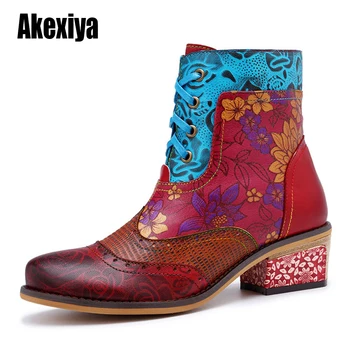 

Botas Mujer flowerGenuine Leather Splicing Fancy Pattern Lace Up High heel Short Boots Ladies Shoes Women Winter u430