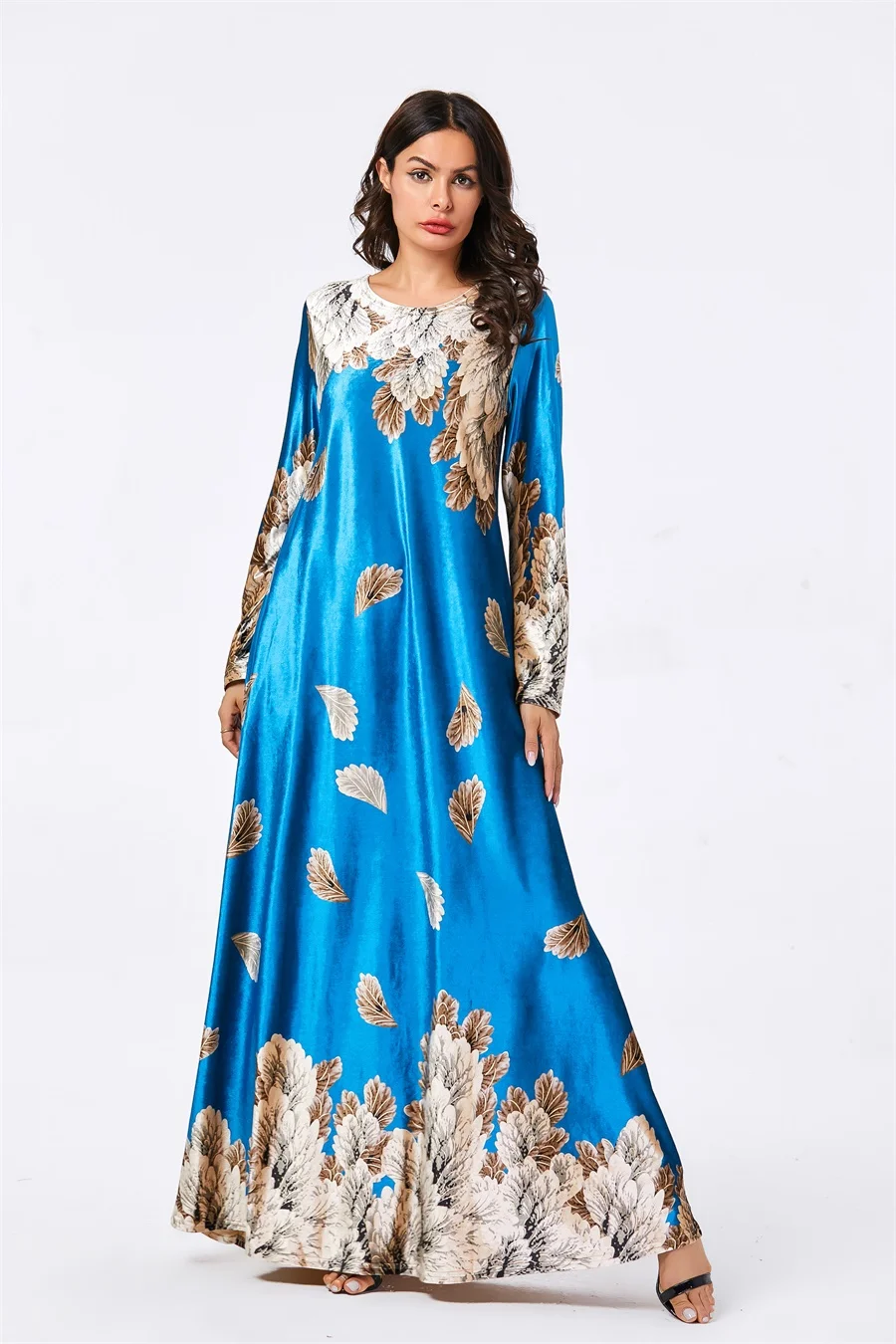 Siskakia бархатное платье женские Платья-макси с длинным рукавом элегантного размера плюс с принтом листьев осенняя одежда мусульманская Арабская одежда синий