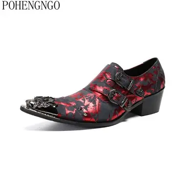 

fashion Men Party Leather Shoes Metal Pointed Toe Formal Dress Shoes Mens Middle Heel Wedding Prom Male Buckle Oxfords Shoes Red