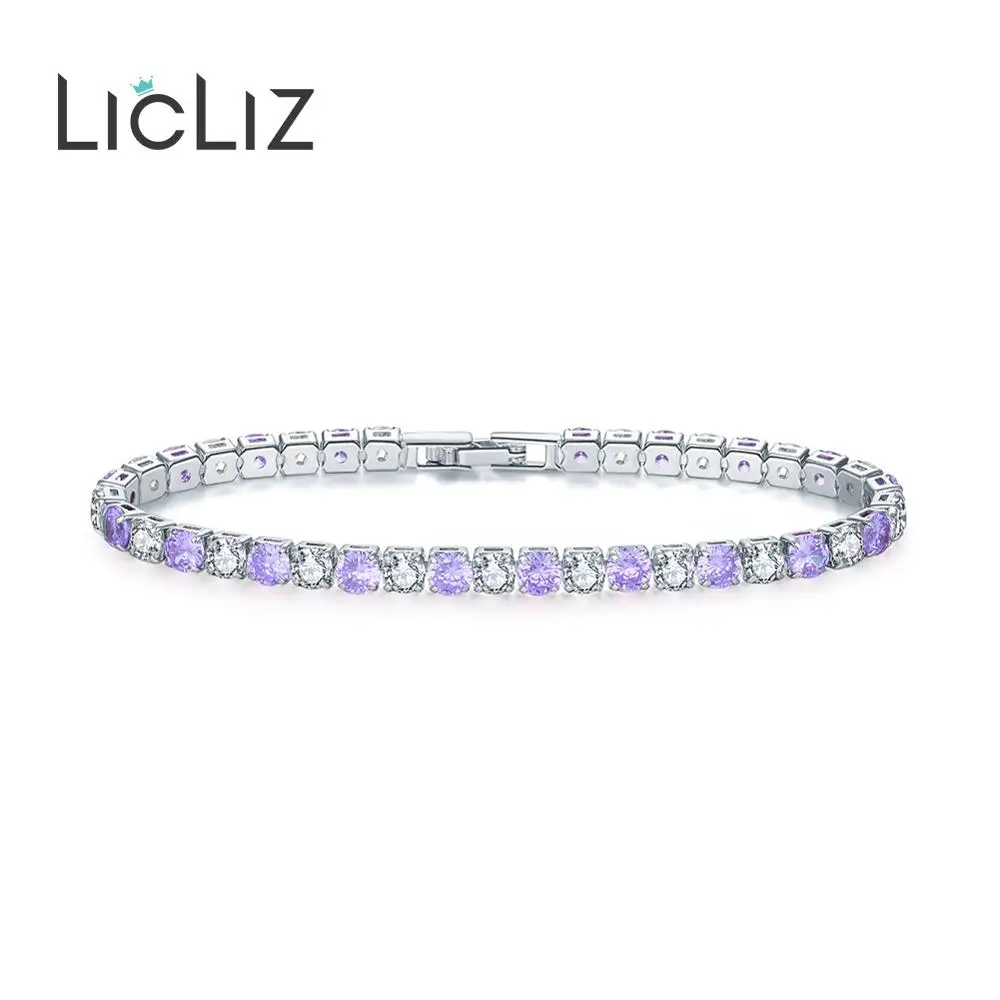 

LicLiz Fashion 2019 Clear Purple Zircon Crystal Tennis Bracelets for Women Crystals White Gold Color Box Chain Jewelry LUB0097F