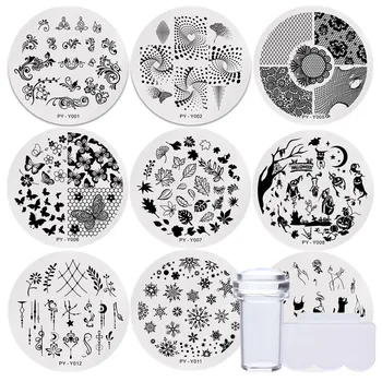 

PICT You Round Nail Stamping Plates Nail Art Plate Stencil Stainless Steel Nail Design with Nail Stamper Scraper