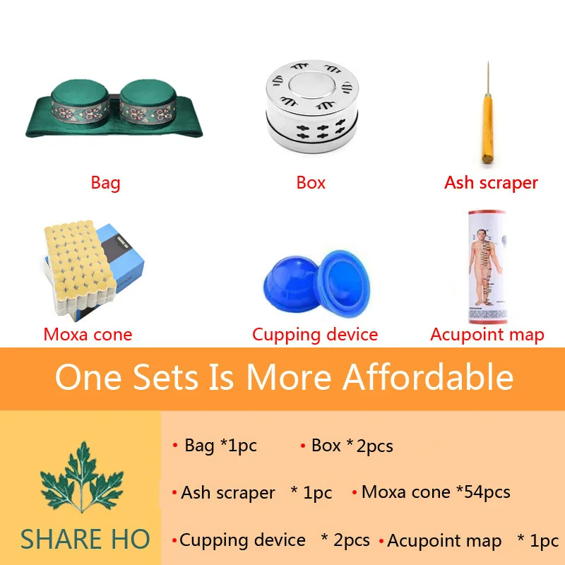 one set SHARE HO зеленый бархатный мешок для бездымного прижигания коробка китайские палочки мокса горелка иглоукалывание меридиан Отопление терапия теплые для женщин - Цвет: one set