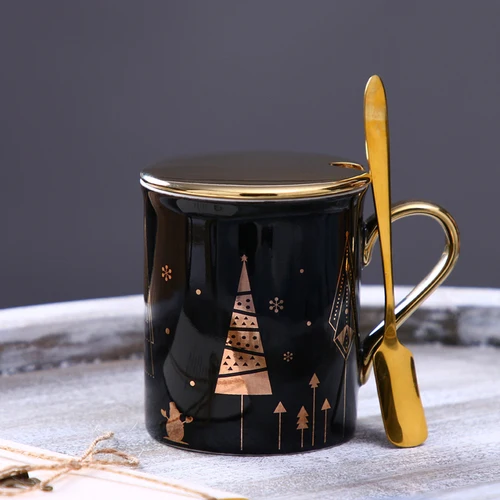 black cover spoon Рождественская керамическая кружка, оригинальная новая золотая ручка, кофейная молочная чашка для завтрака, праздничный подарок - Цвет: black cover spoon
