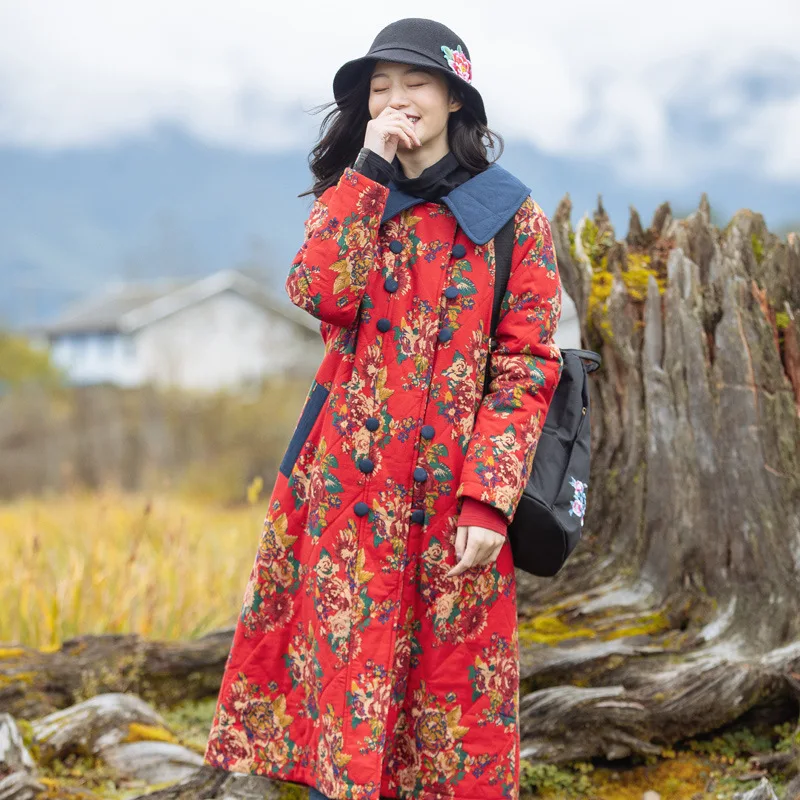 

Factory Sales 2019 Winter New Style Ethnic-Style WOMEN'S Cotton-padded Clothes Retro Loose Robe Chinese-style Floral Thick Cotto