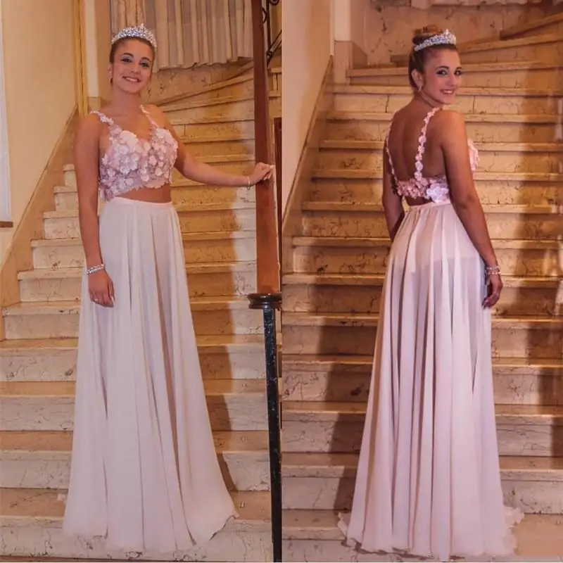 

robe de soriee Two Piece Dresses A Line Chiffon Women Evening Party Dresses Hand Made Flowers Long Prom Gowns