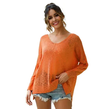 

Fall 2019 V Neck Transparent Sexy Sweater Women Pullover Casual Loose Knitted Sweater Split Thin Oversized Sweater