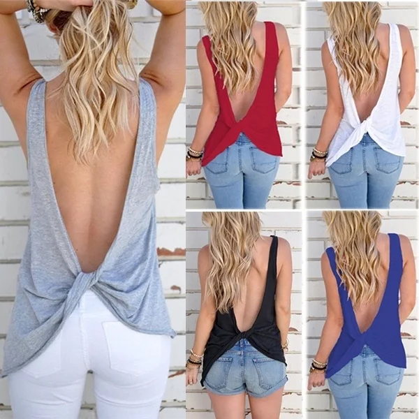 

Women Summer Solid Colors Backless Cross Tops Open Back Tops