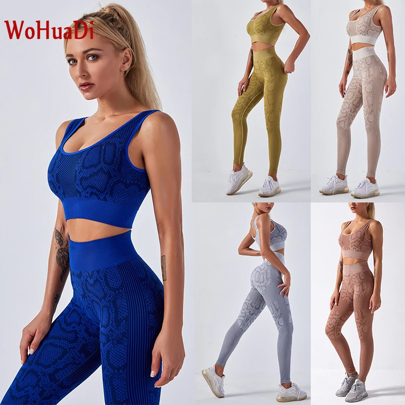 

WOHUADI 2020 New Snake Printing Womens Yoga Sets Gym Fitness Set Seamless Sports Bra High Waist Leggings Workout Sets Sportswear
