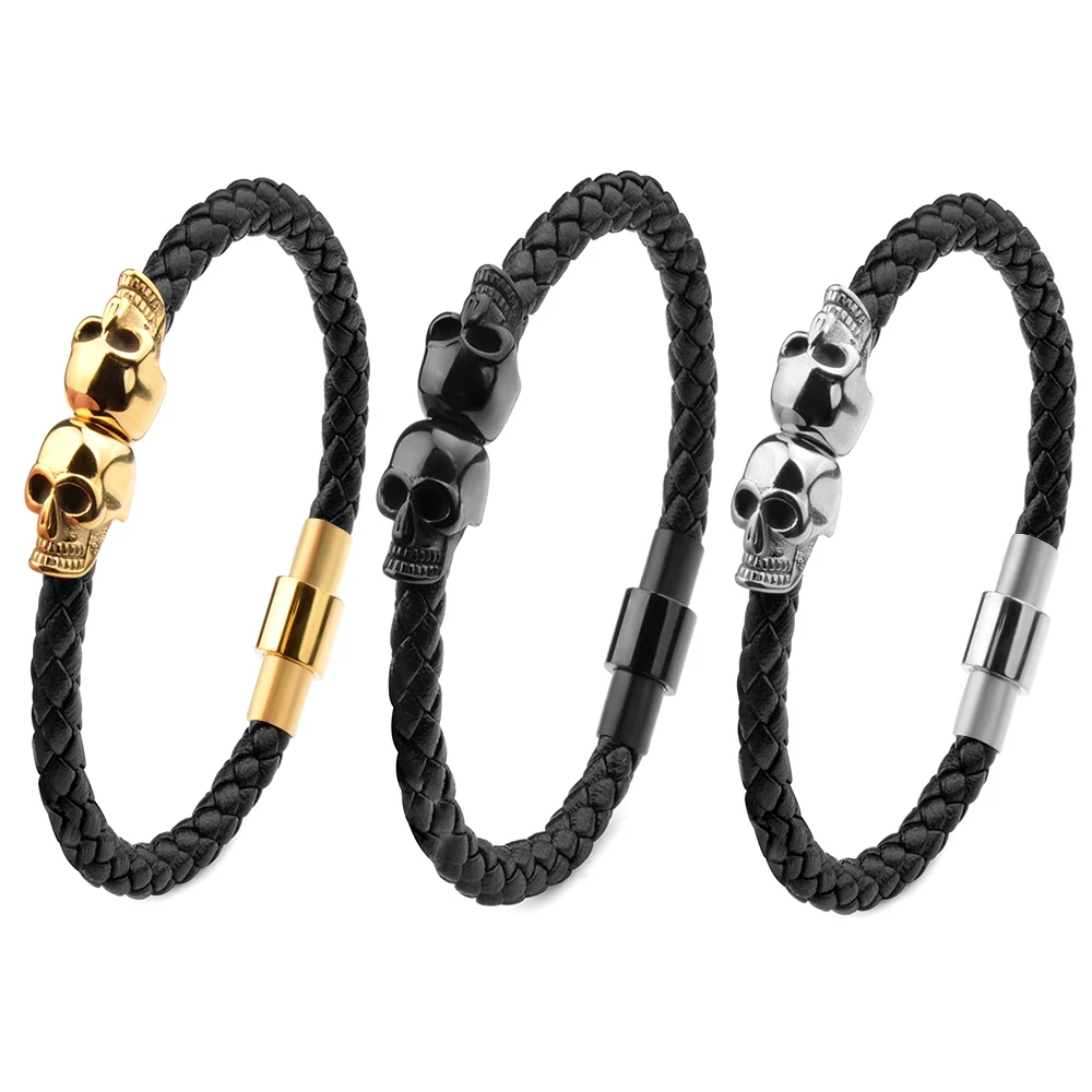Stainless Steel Leather Bracelet Skull Skeleton Head Bangle For Men Bracelet Jewelry