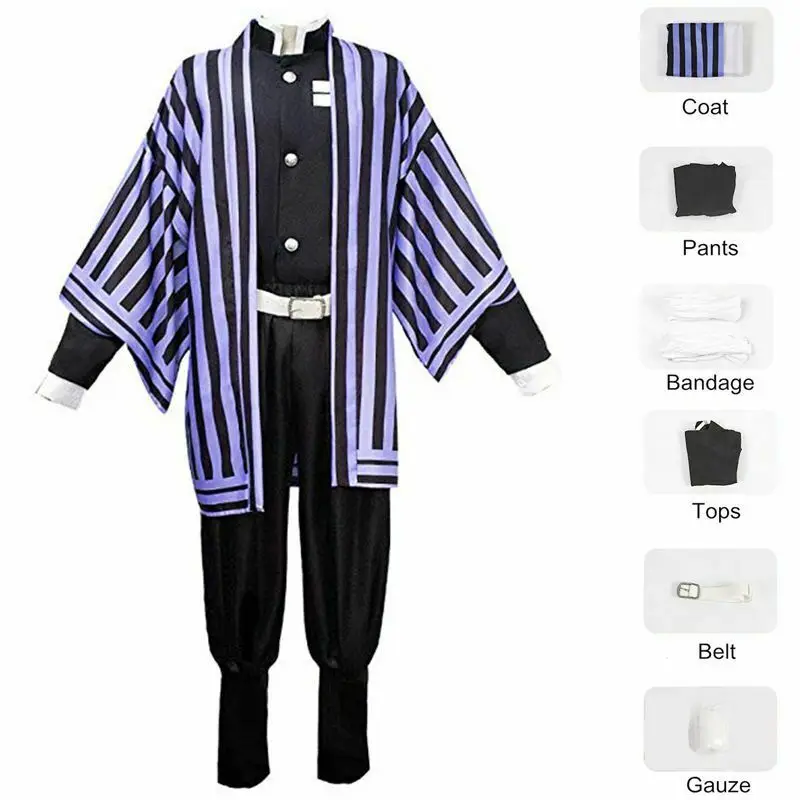 Costume set Purple Аниме Demon Slayer: Kimetsu no Yaiba Iguro Obanai, карнавальный костюм, мужские вечерние костюмы, полный комплект с париком, туфли-сабо - Цвет: Costume set Purple