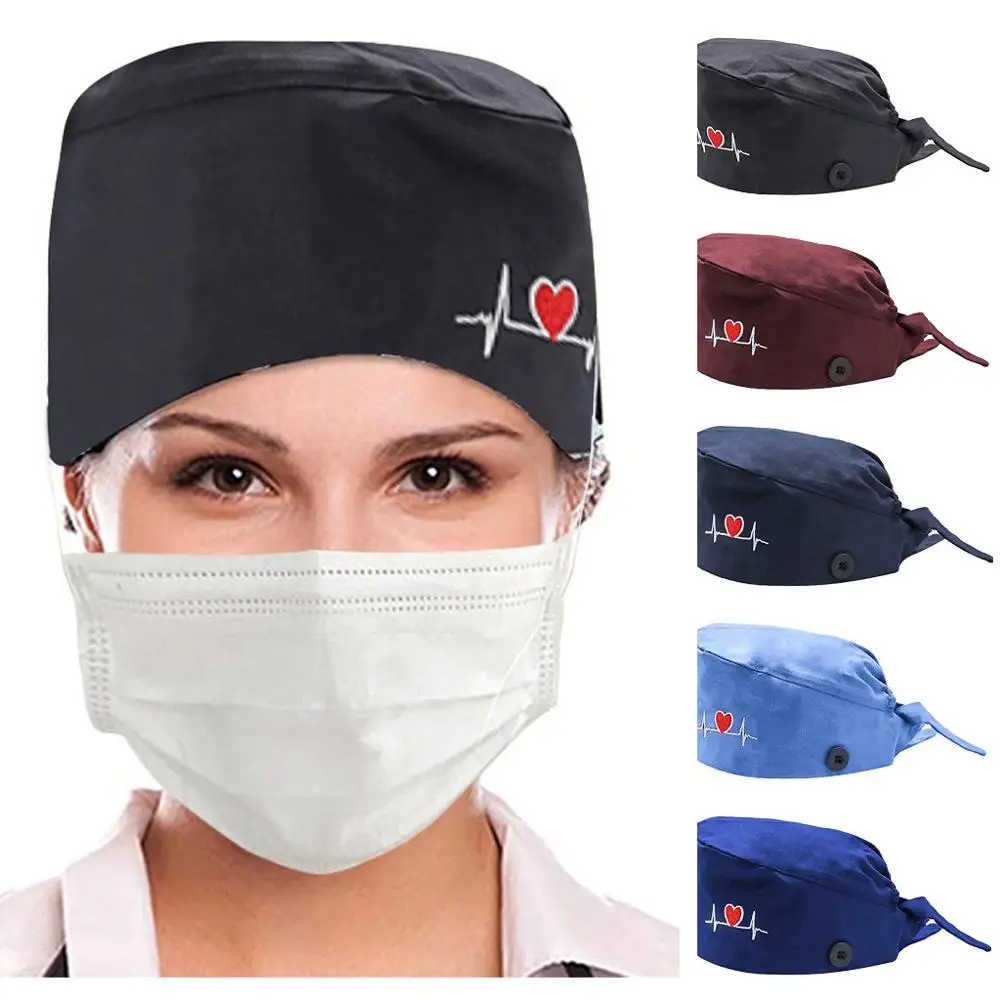 

Scrub Caps women with Button Unisex Heart Pattern Print Adjustable Bandage Hats Reuseable Washable Working Hats Caps Accessories
