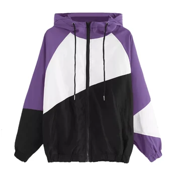 

2019 New Jacket Women Windbreaker Hooded Jackets Coats Spring Long Sleeve Patchwork Windbreaker Coat Cardigan