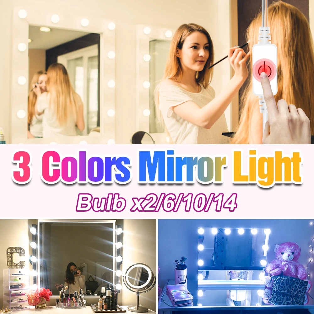 

LED DC 12V Kit Bulb Make up Lamp USB Vanity Mirror Light LED 3 Colors Dimmable Beauty Hollywood Cosmetic Lamp 2 6 10 14 Bulbs