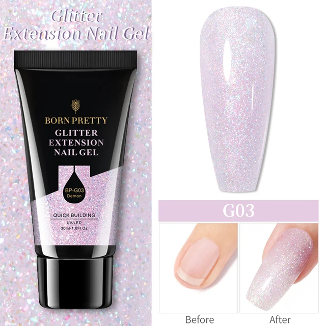 BORN PRETTY 30/20ml Glitter Acrylic Gel Finger Extension Silver Pink Extension Gel Soak Off Nail Art Gel Varnish G03