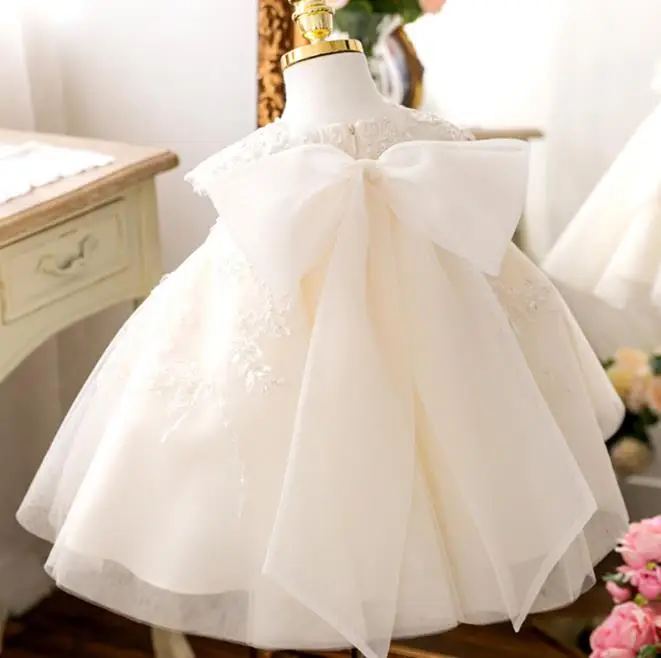 

beige cute baby girls dresses tutu bow ribbon puffy tulle kids clothes children first birthday party dress baptism gown