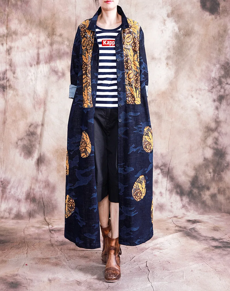 

Women Retro Patchwork Loose Long Coat 2019 Spring Autumn VIntage Outerwear Ladies Spliced Overcoat Female Loose Coat