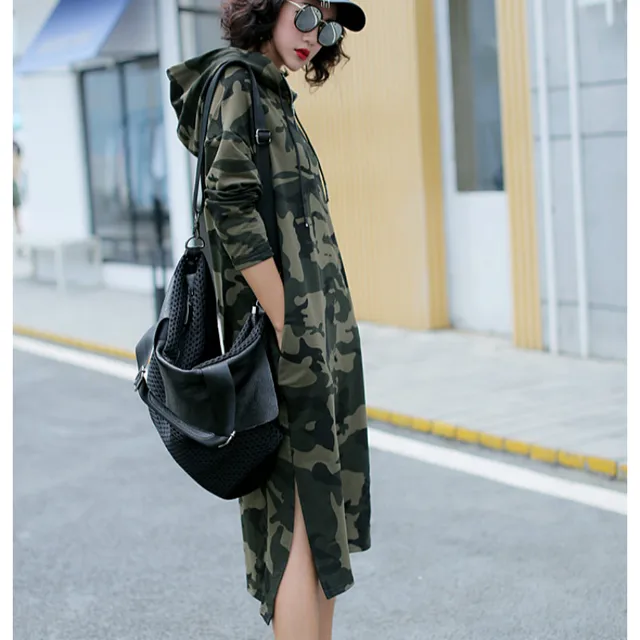 Autumn Basic Hooded Dress Sweatshirts Women Korean Fashion Camouflage Hoodies New Long Outwear Plus Size Split Casual Pullovers 3
