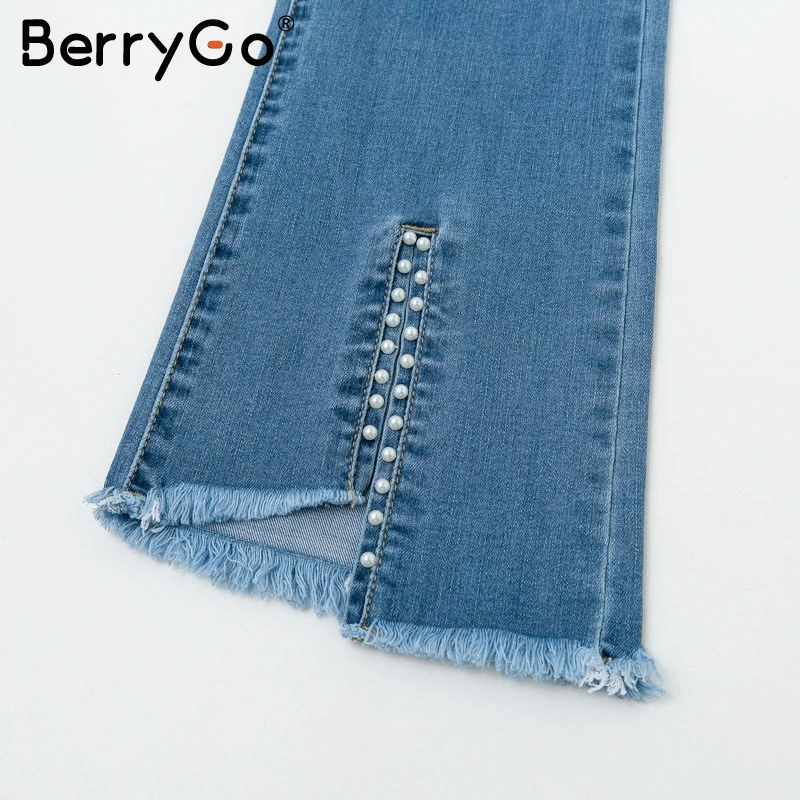 BerryGo, пуш-ап, женские джинсы размера плюс, средняя талия, с вышивкой, расклешенные, джинсовые штаны, пуговицы, карманы, раздельные, для офиса, женские брюки