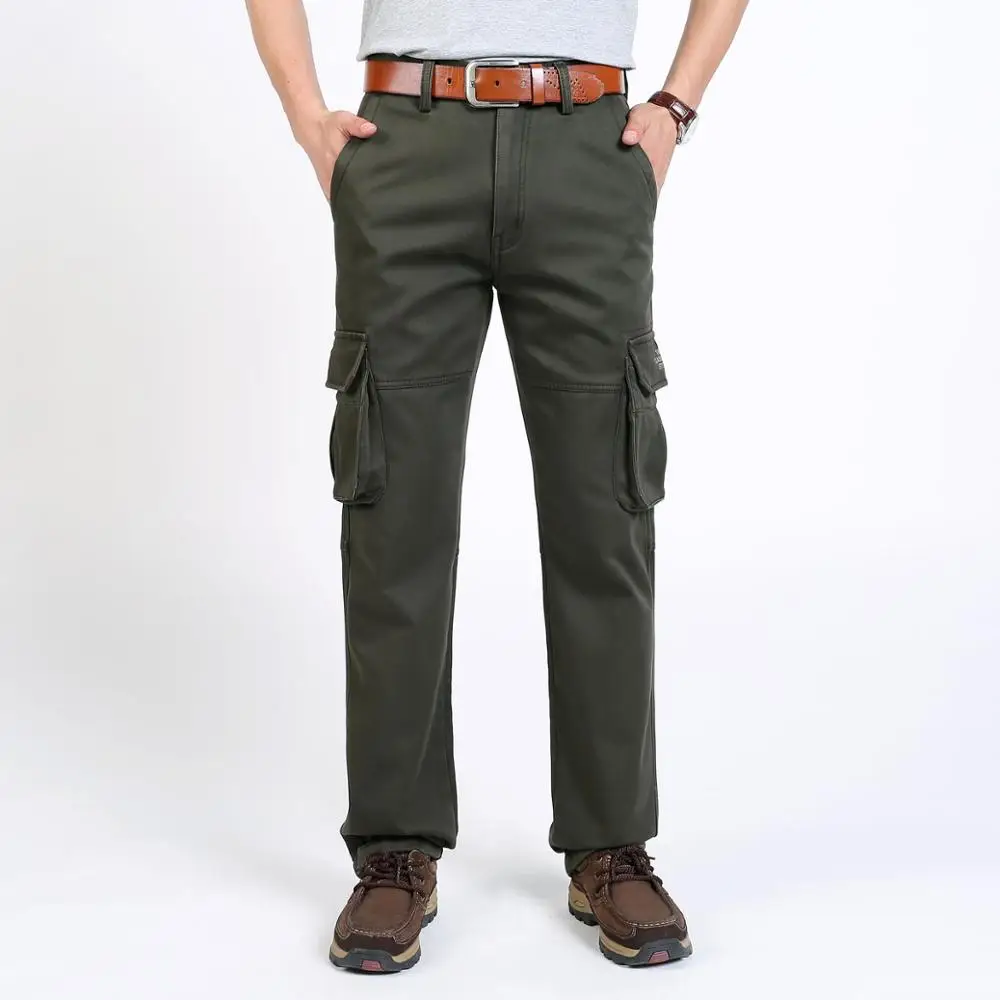 High Quality Men's Cargo Pants Winter Warm Casual Mens Pant Plus Velvet Multi-pocket Military Outdoors Long Tactical Trousers - Цвет: Армейский зеленый
